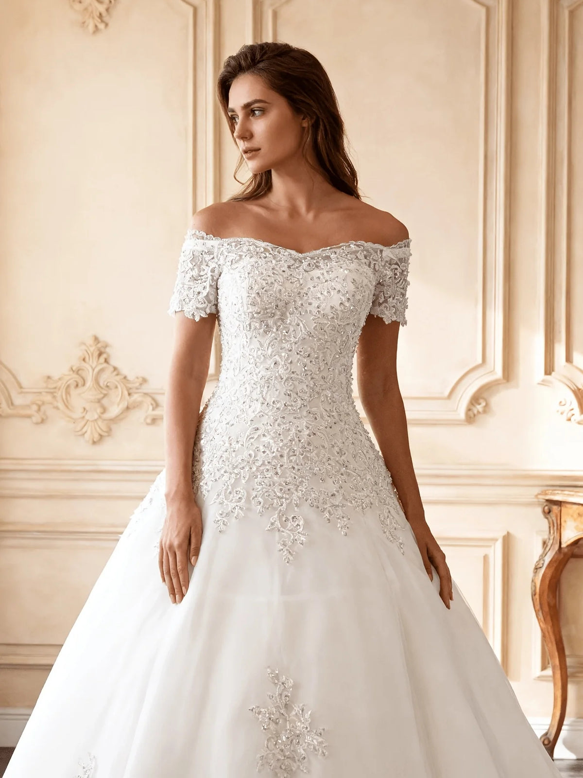 Ivory short wedding dress, alternate view showing the dress shape and hem
