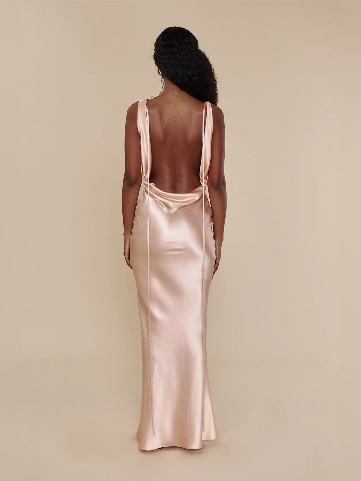 Blush Pink maxi prom dress, alternate view showing the dress shape and hem