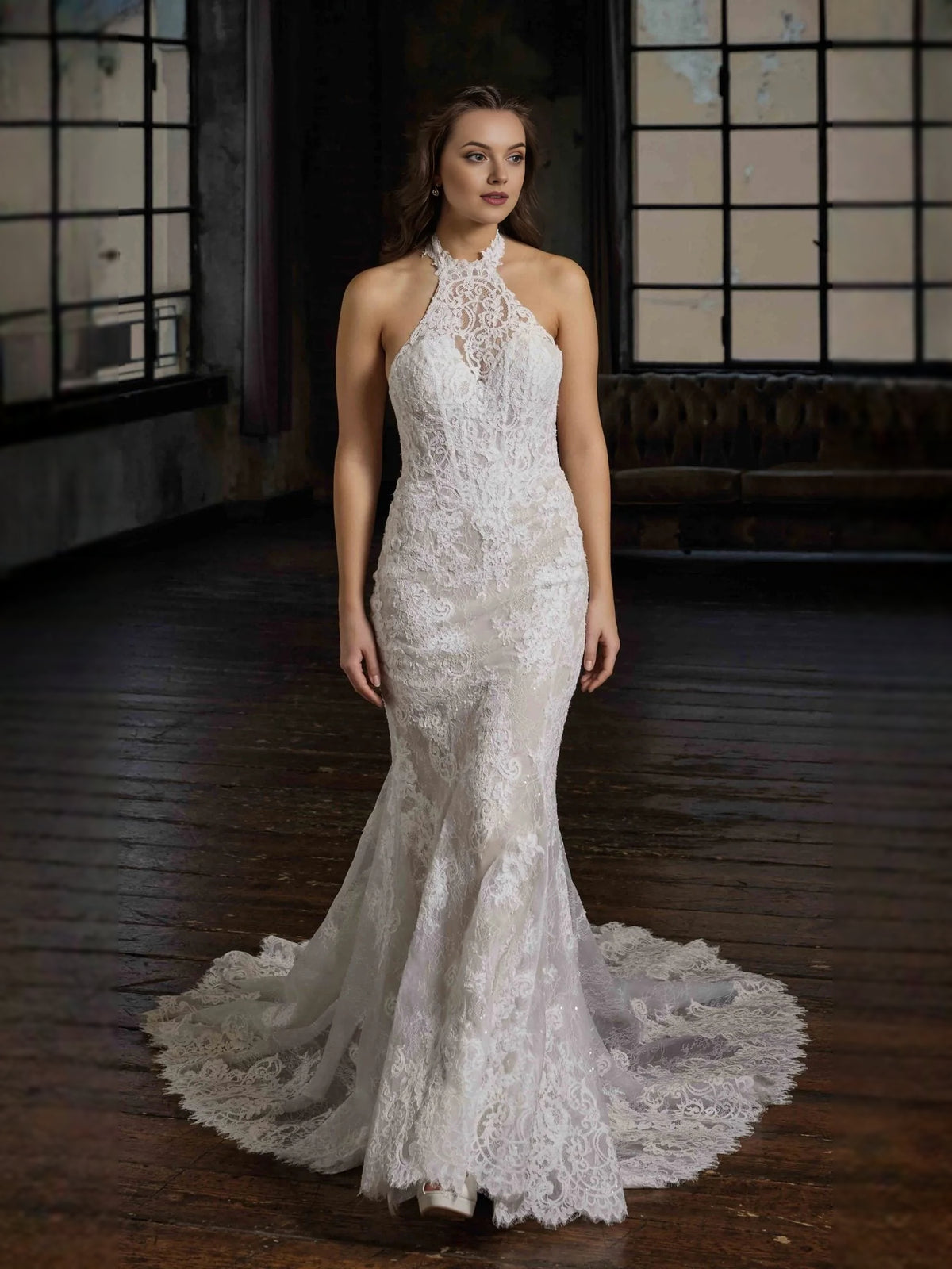Ivory floor-length wedding dress, alternate view showing the dress shape and hem