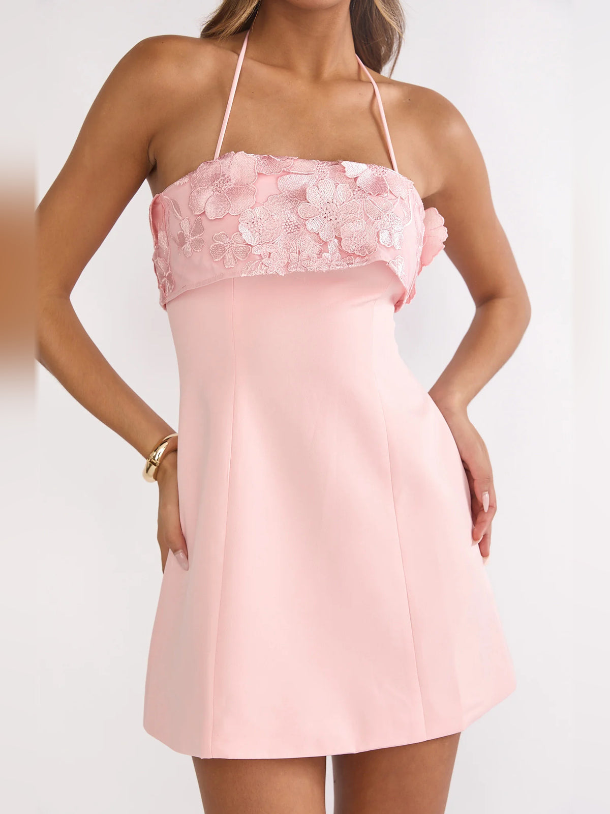 Blush mini homecoming dress, alternate view showing the dress shape and hem