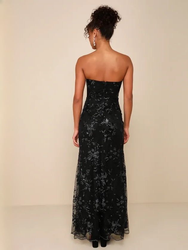 Cobalt Blue maxi prom dress, back view showing the rear of the dress from another angle
