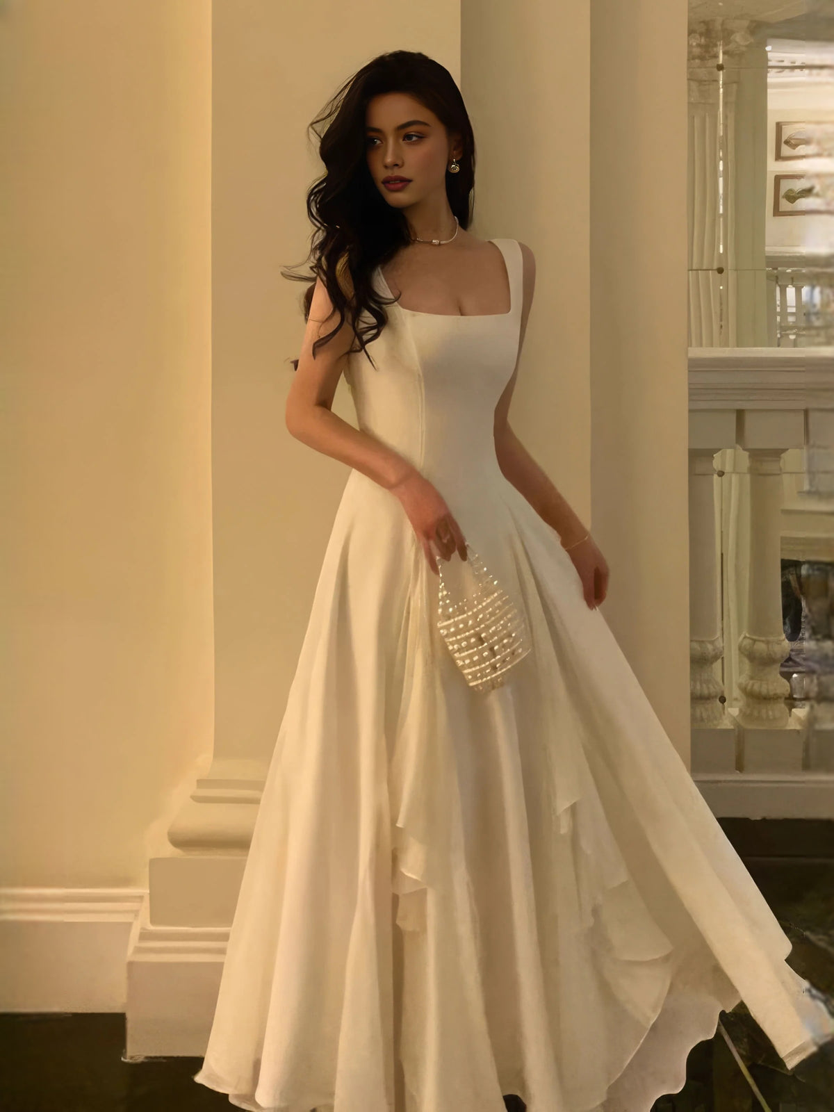 Ivory floor-length wedding dress, alternate view showing the dress shape and hem
