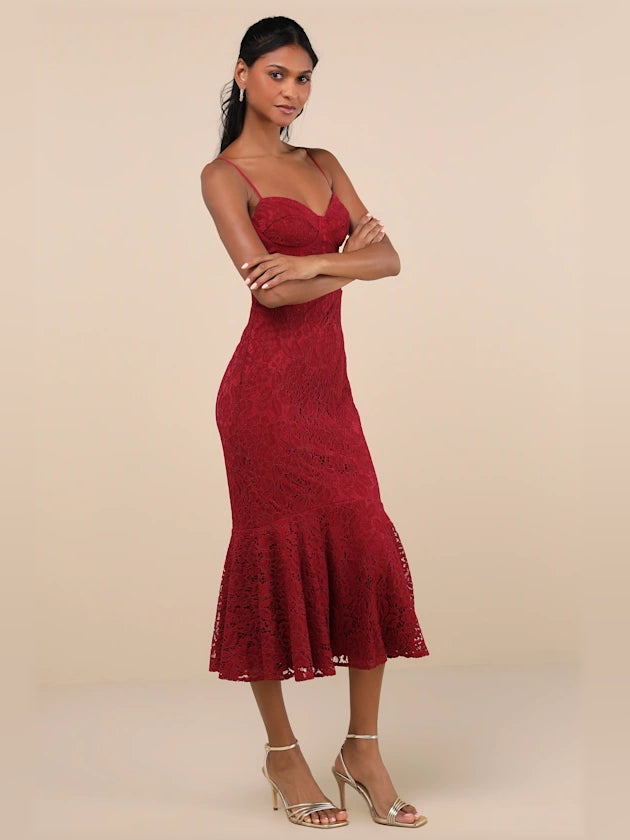 Wine Red midi formal dress, alternate view showing the bodice