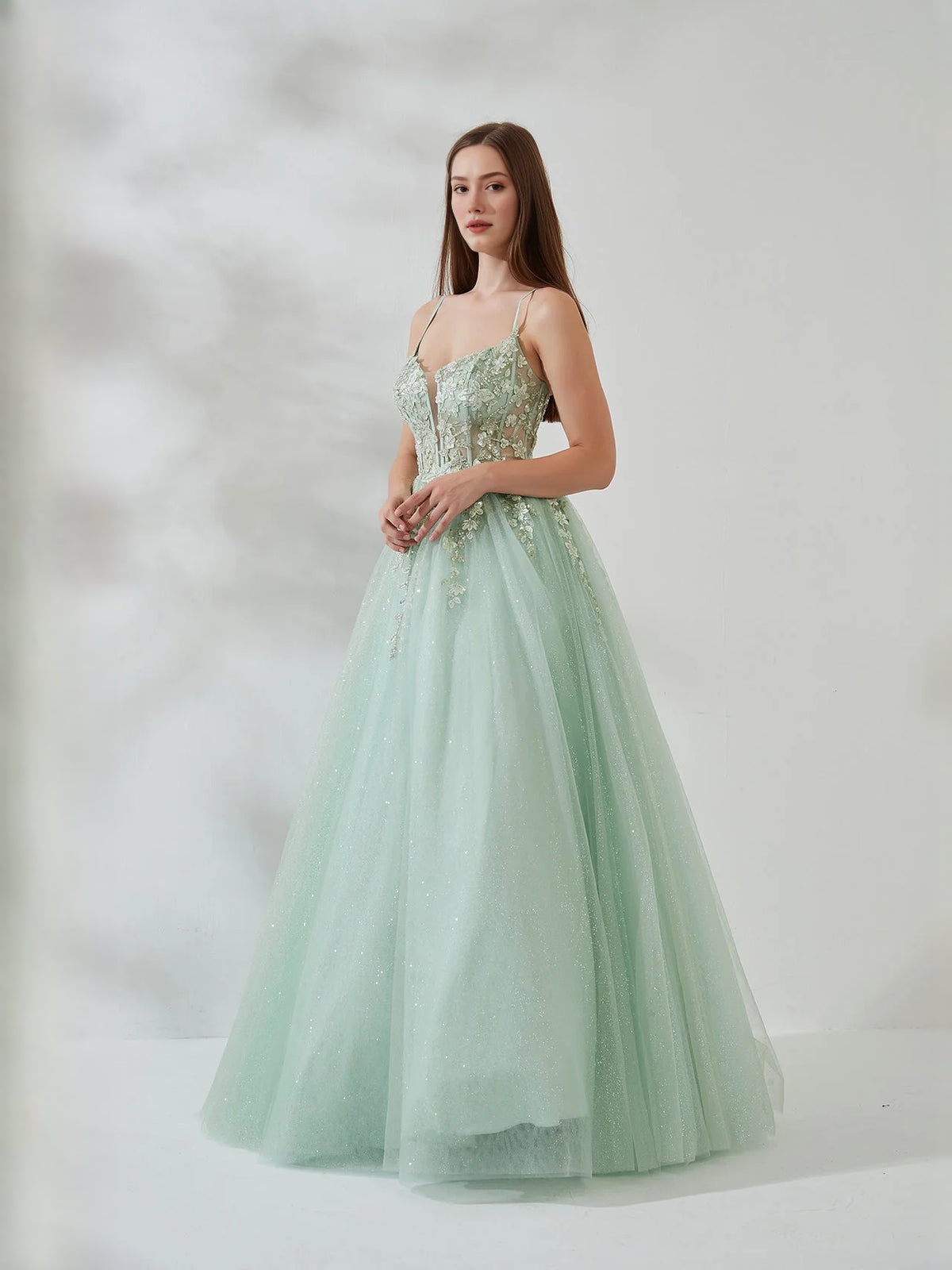 Mint Green floor-length prom dress, alternate view showing the dress shape and hem
