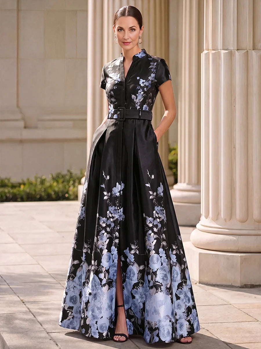 Black maxi mother of the bride dress, alternate view showing the dress shape and hem