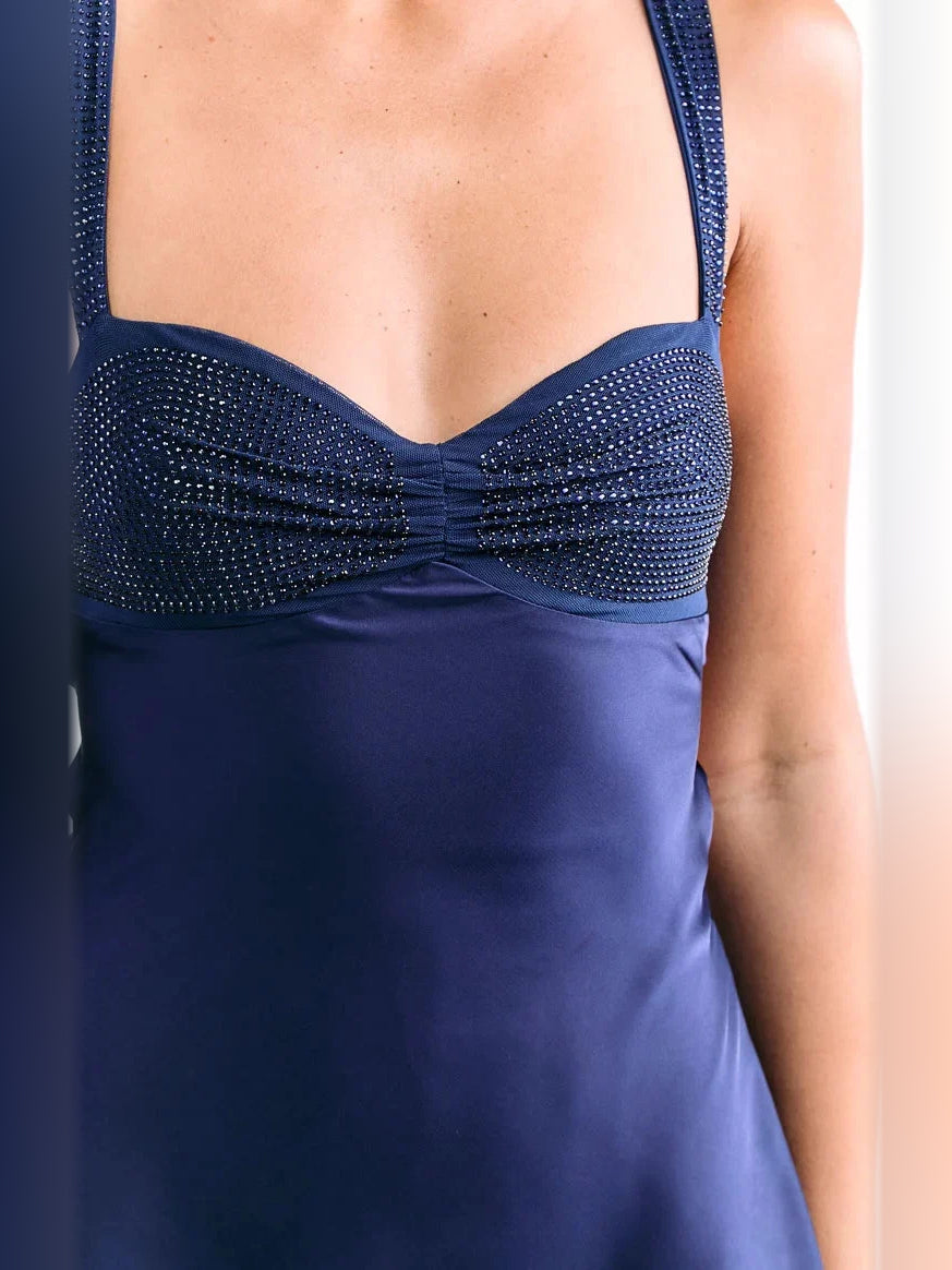 Blue Velvet mini homecoming dress, alternate view showing the dress shape and hem