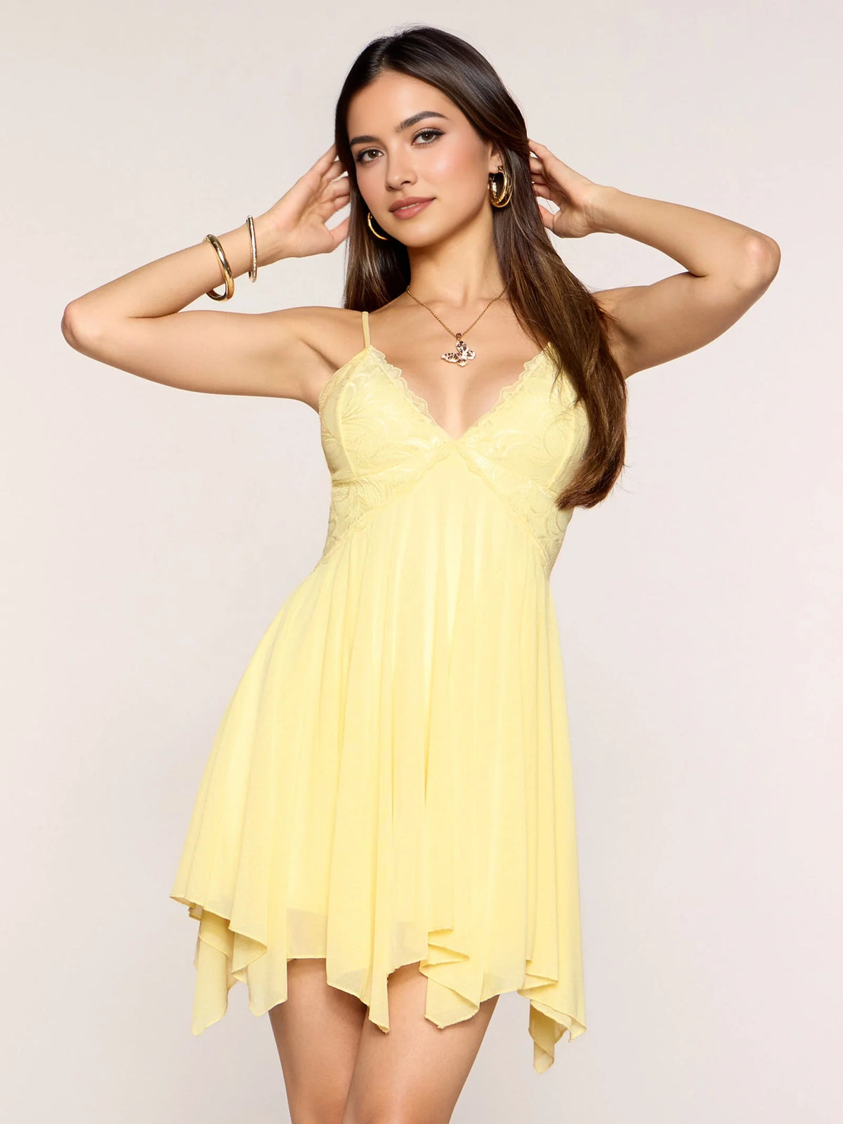 Canary mini homecoming dress, alternate view showing the dress shape and hem