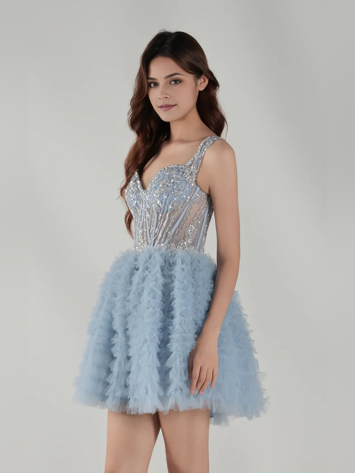 Dusty Blue mini homecoming dress, alternate view showing the dress shape and hem