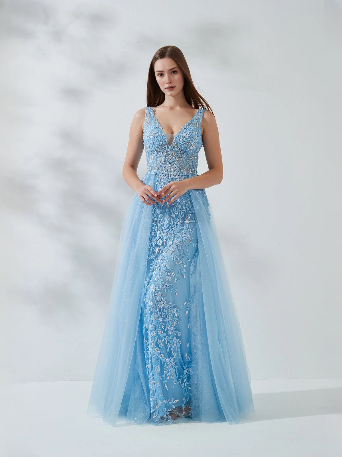 Light Blue maxi prom dress, alternate view showing the dress shape and hem