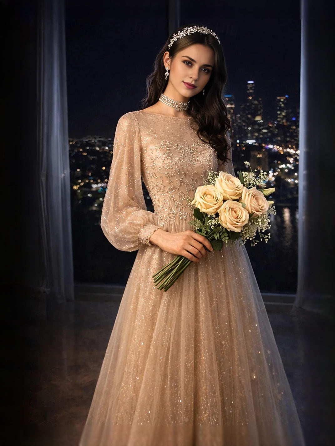 Champagne floor-length prom dress, alternate view showing the dress shape and hem