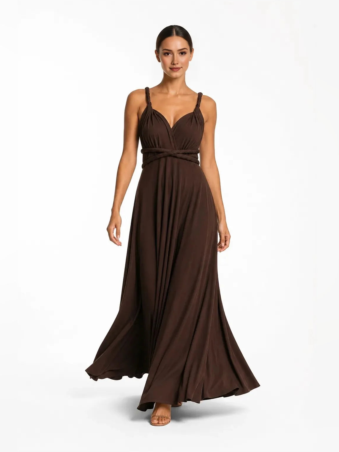 Chocolate maxi bridesmaid dress, alternate view showing the dress shape and hem