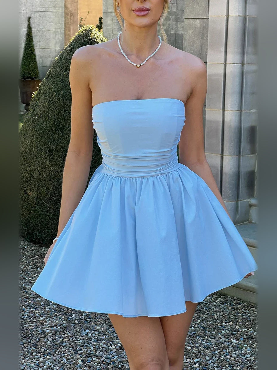 Light Blue mini homecoming dress, alternate view showing the dress shape and hem