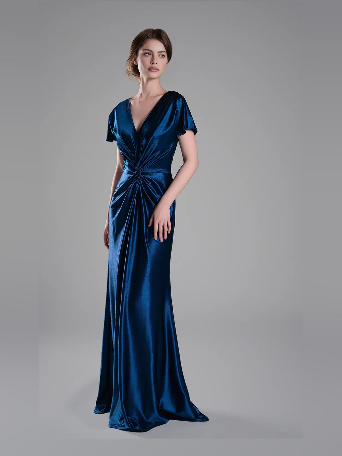 Navy Blue a-line maxi formal dress with V-neckline, alternate view showing the bodice