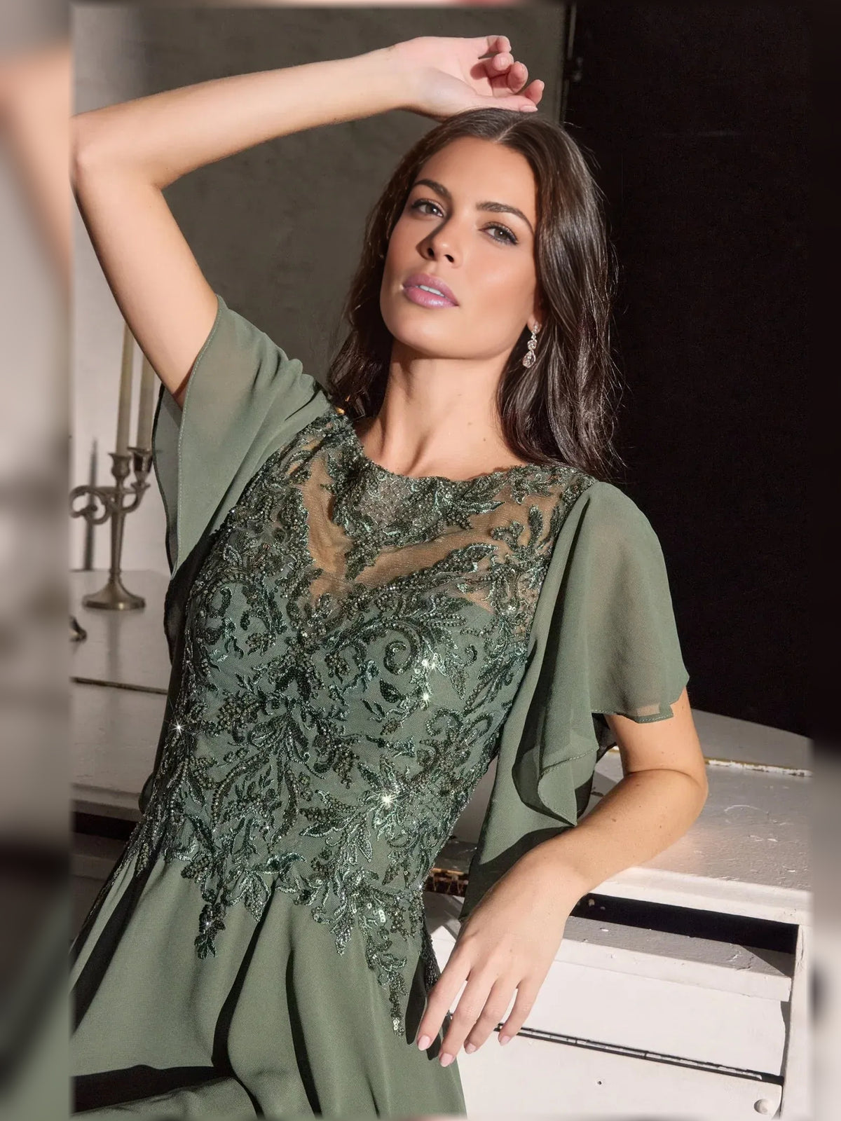 Dusty Sage floor-length mother of the bride dress, alternate view showing the dress shape and hem