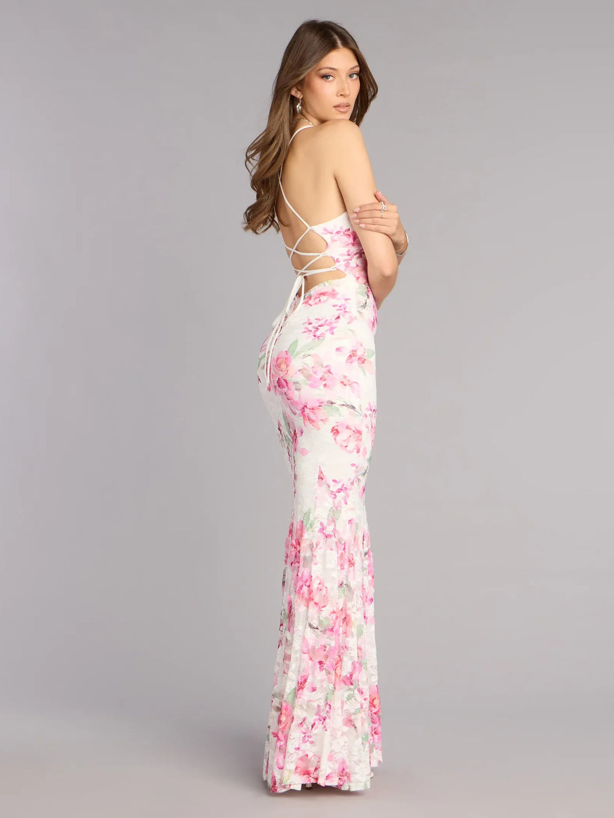 Floral mermaid floor-length formal dress with floral print, alternate view showing the bodice