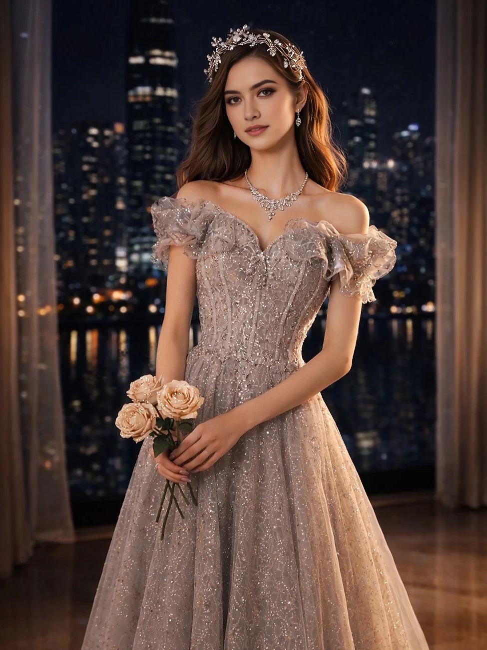 Light Gray floor-length prom dress, alternate view showing the dress shape and hem