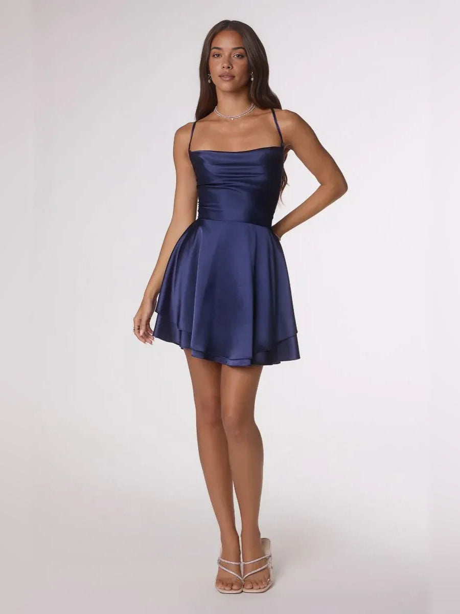 Navy Blue mini homecoming dress, alternate view showing the dress shape and hem