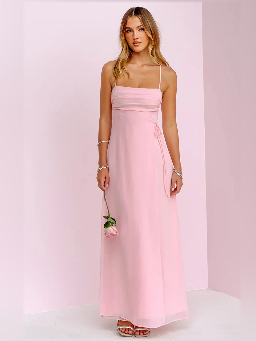 Pink Square Neck Spaghetti Strap A-Line Floor-Length Elegant Formal Dress, product view
