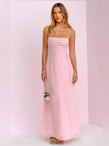 Pink Square Neck Spaghetti Strap A-Line Floor-Length Elegant Formal Dress, product view