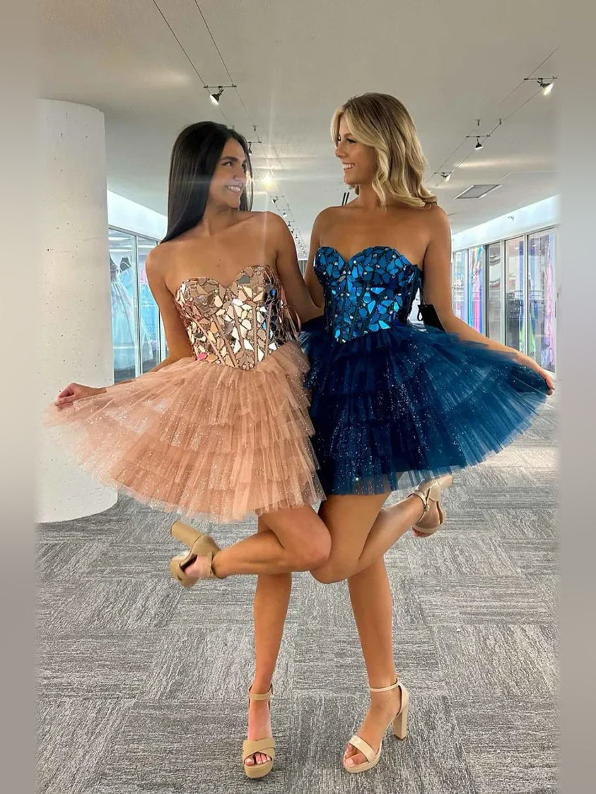 Champagne mini homecoming dress, alternate view showing the dress shape and hem