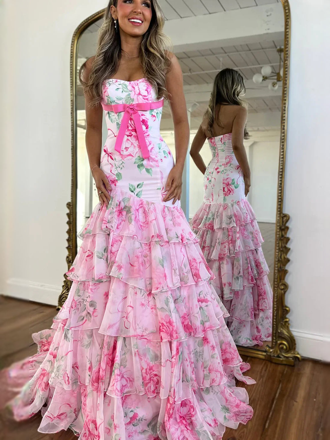 Pink White maxi prom dress, alternate view showing the dress shape and hem