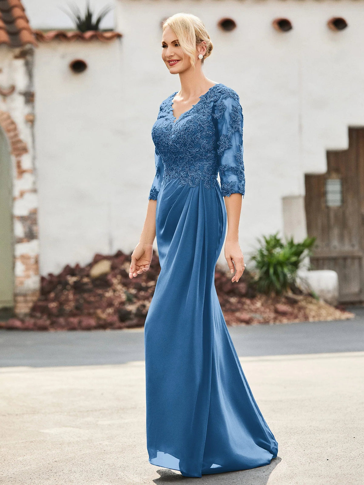 Ink Blue sheath floor-length formal dress with V-neckline, alternate view showing the bodice