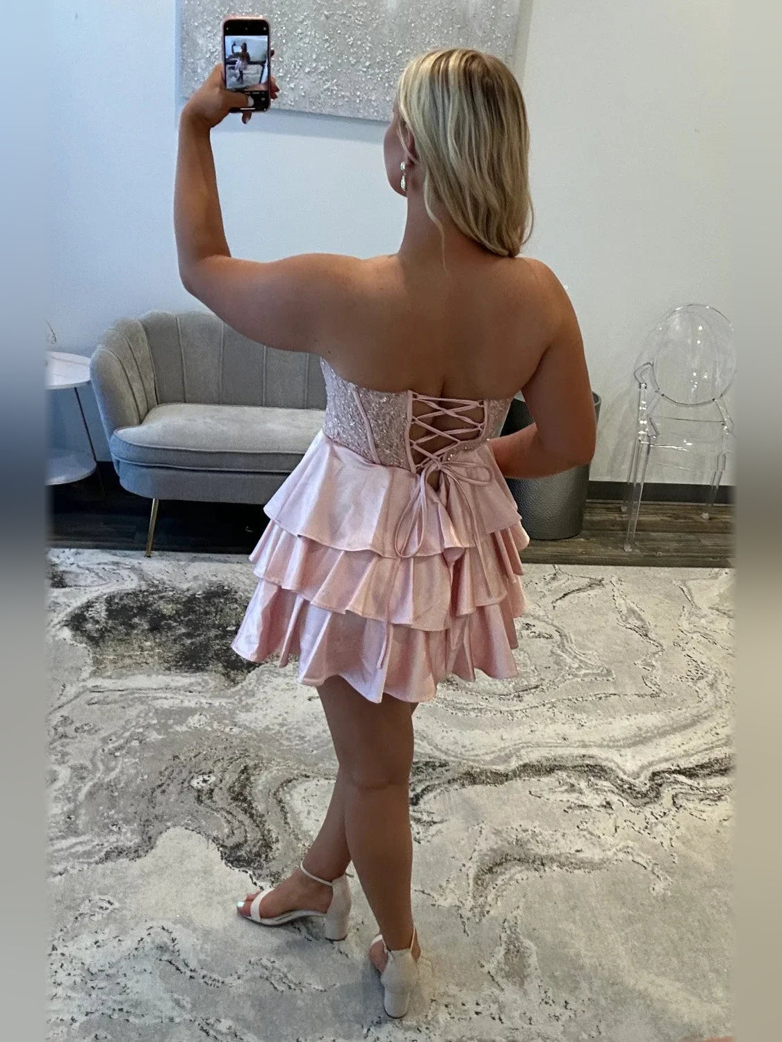 Sky Blue mini homecoming dress, alternate view showing the dress shape and hem