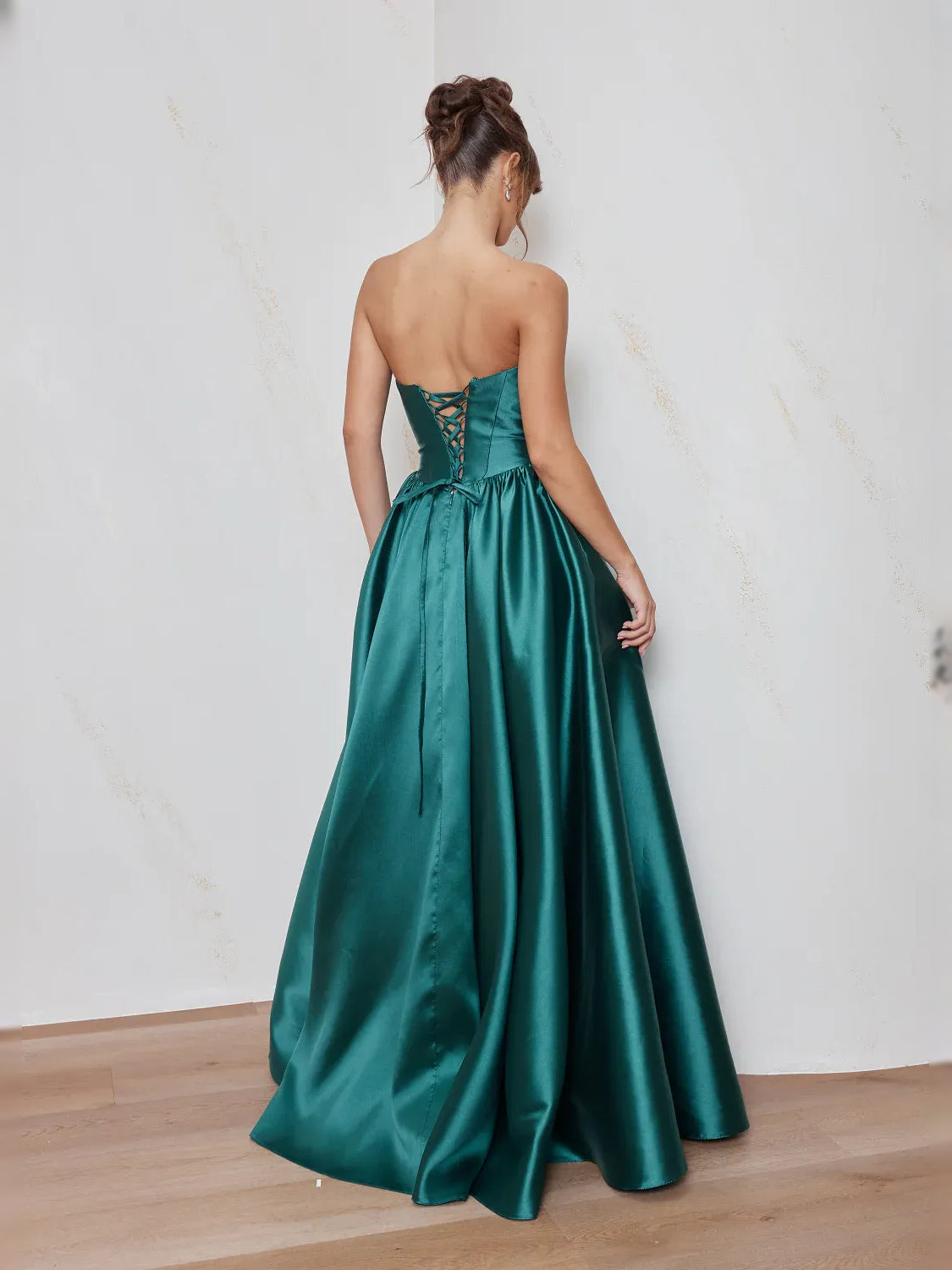 Teal floor-length prom dress, alternate view showing the dress shape and hem