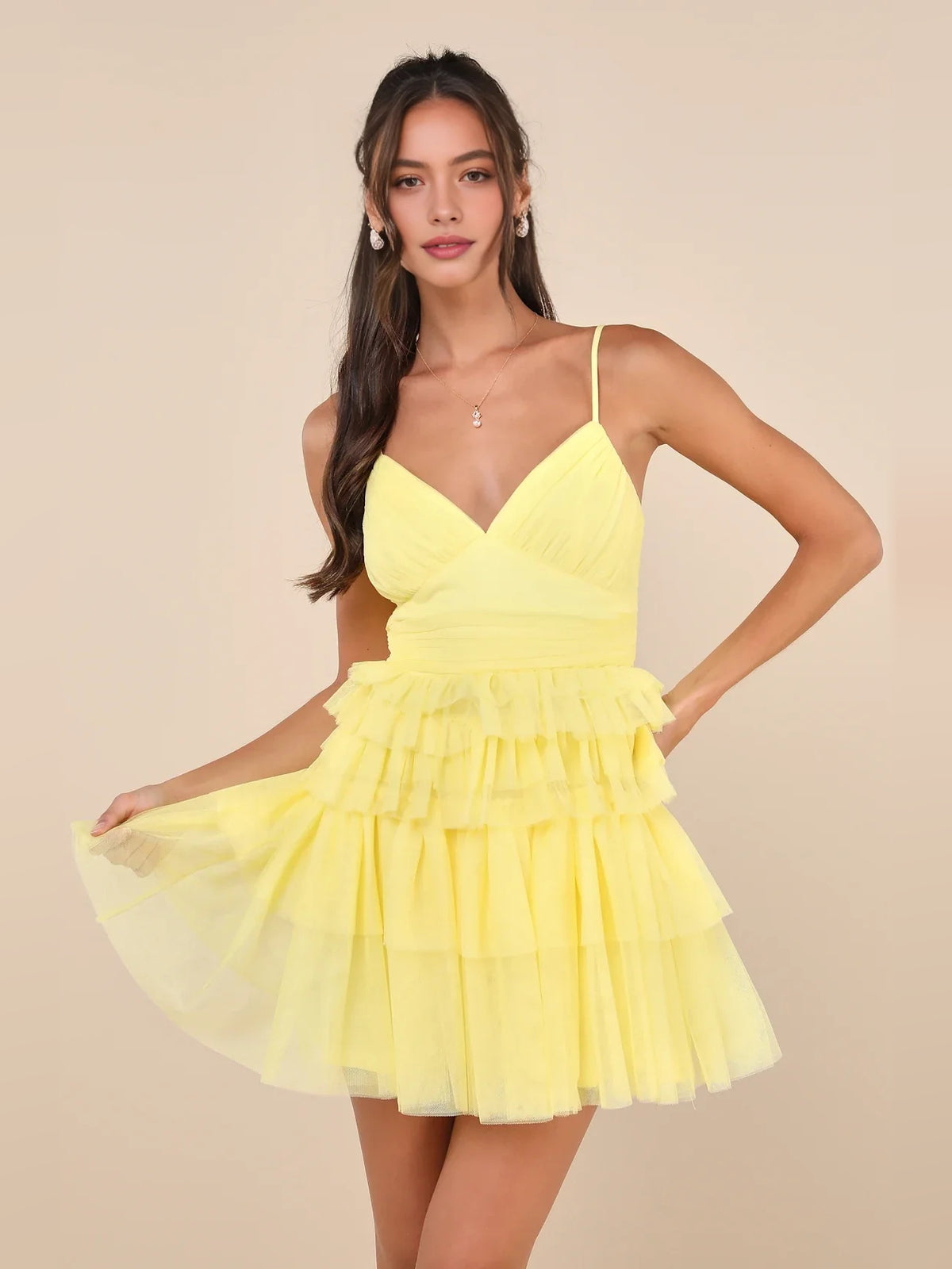 Canary mini homecoming dress, alternate view showing the dress shape and hem