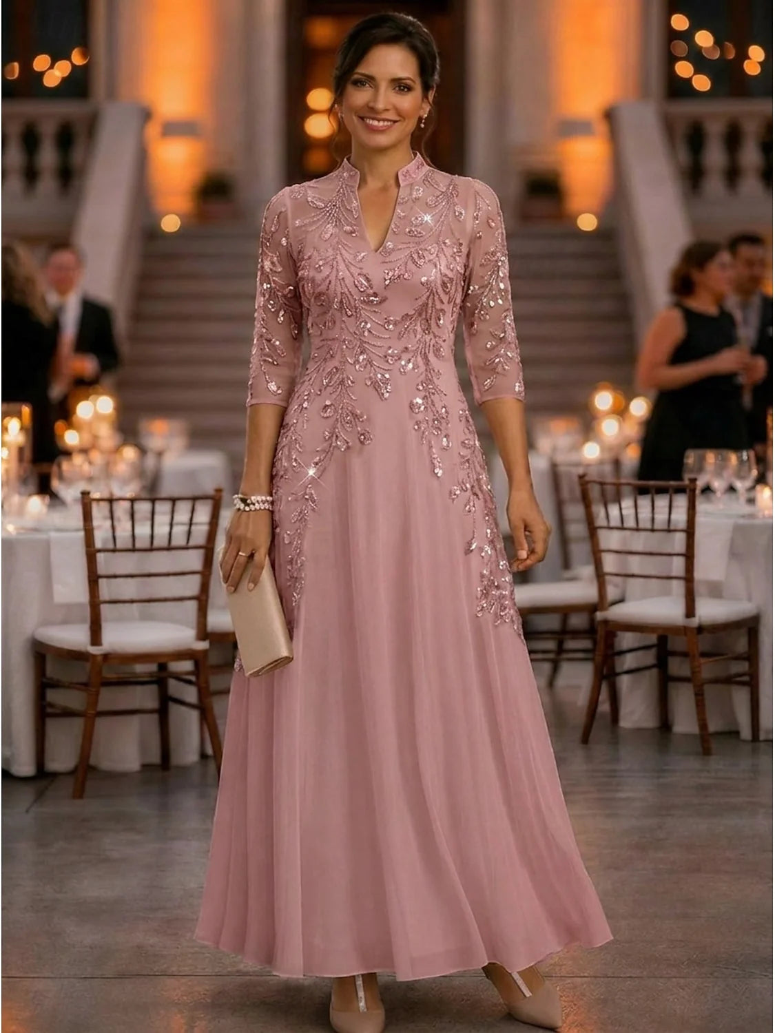 Champagne floor-length mother of the bride dress, alternate view showing the dress shape and hem