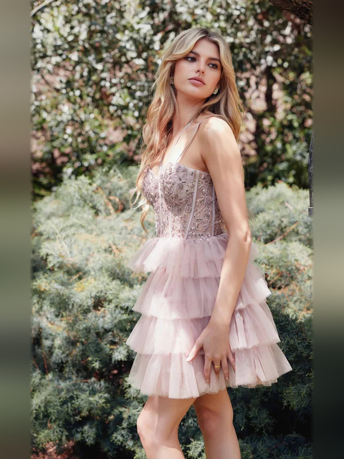 Dusty Rose short homecoming dress, alternate view showing the dress shape and hem