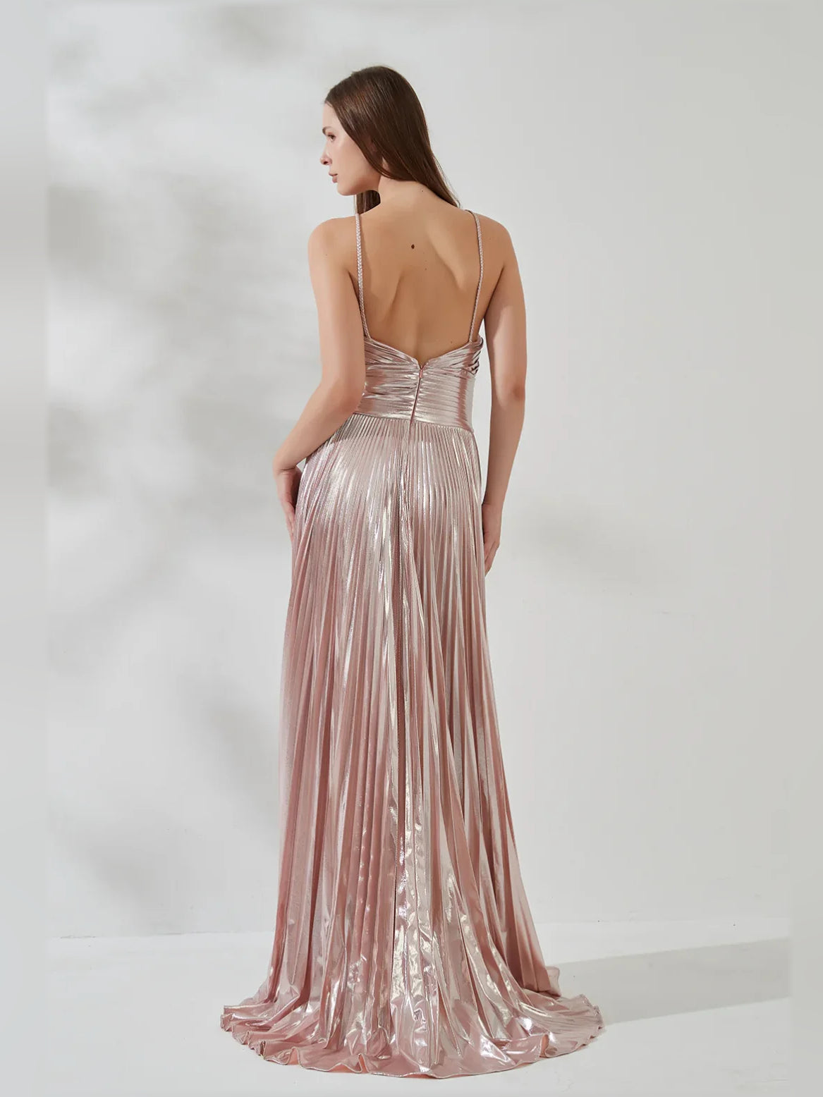 Blush Pink a-line floor-length formal dress with cutout detail, alternate view
