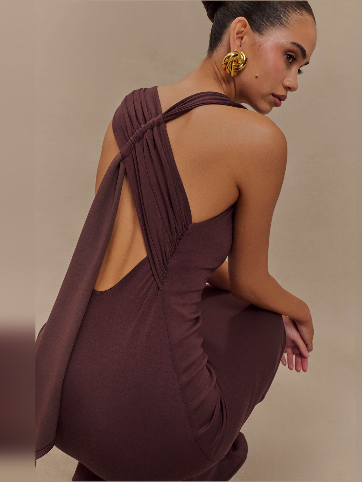 Brown midi formal dress, alternate view showing the bodice
