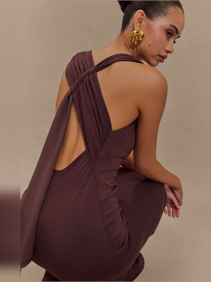 Brown midi formal dress, alternate view showing the bodice