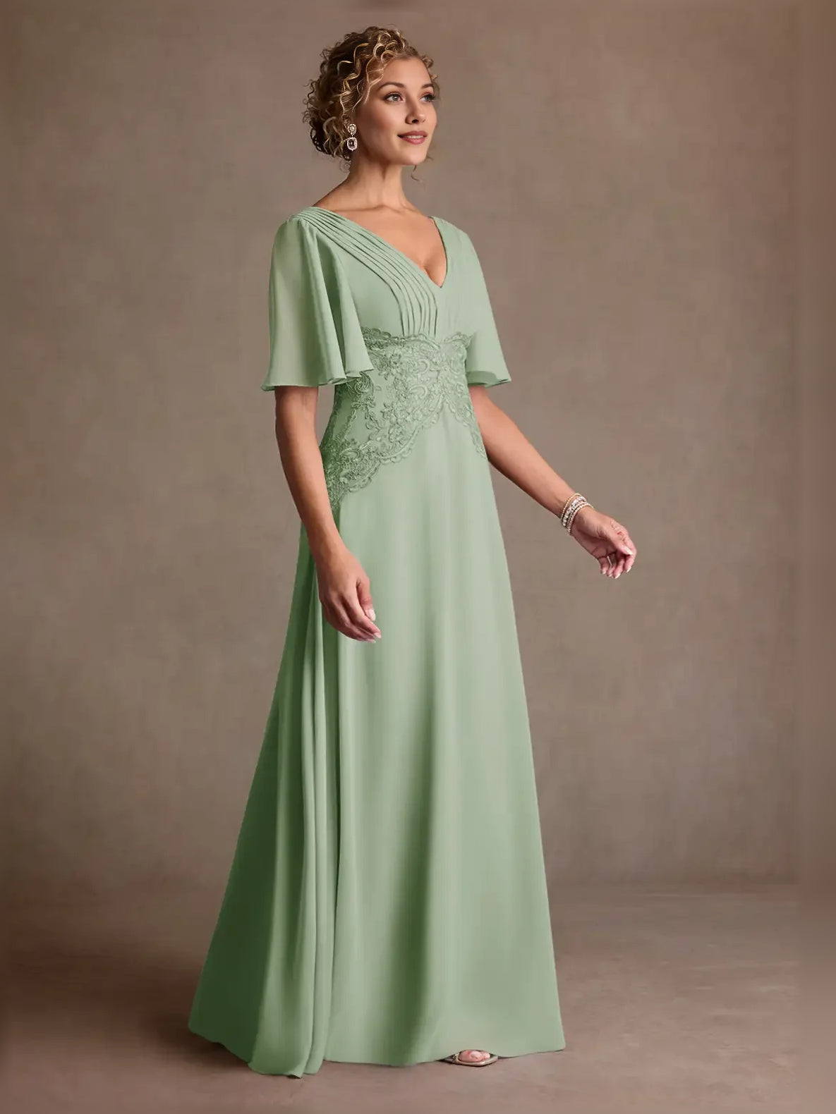 Dusty Sage floor-length mother of the bride dress, alternate view showing the dress shape and hem