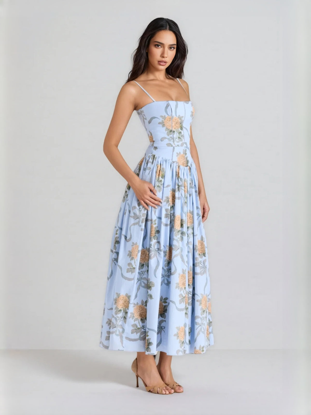 Light Blue tea-length prom dress, alternate view showing the dress shape and hem