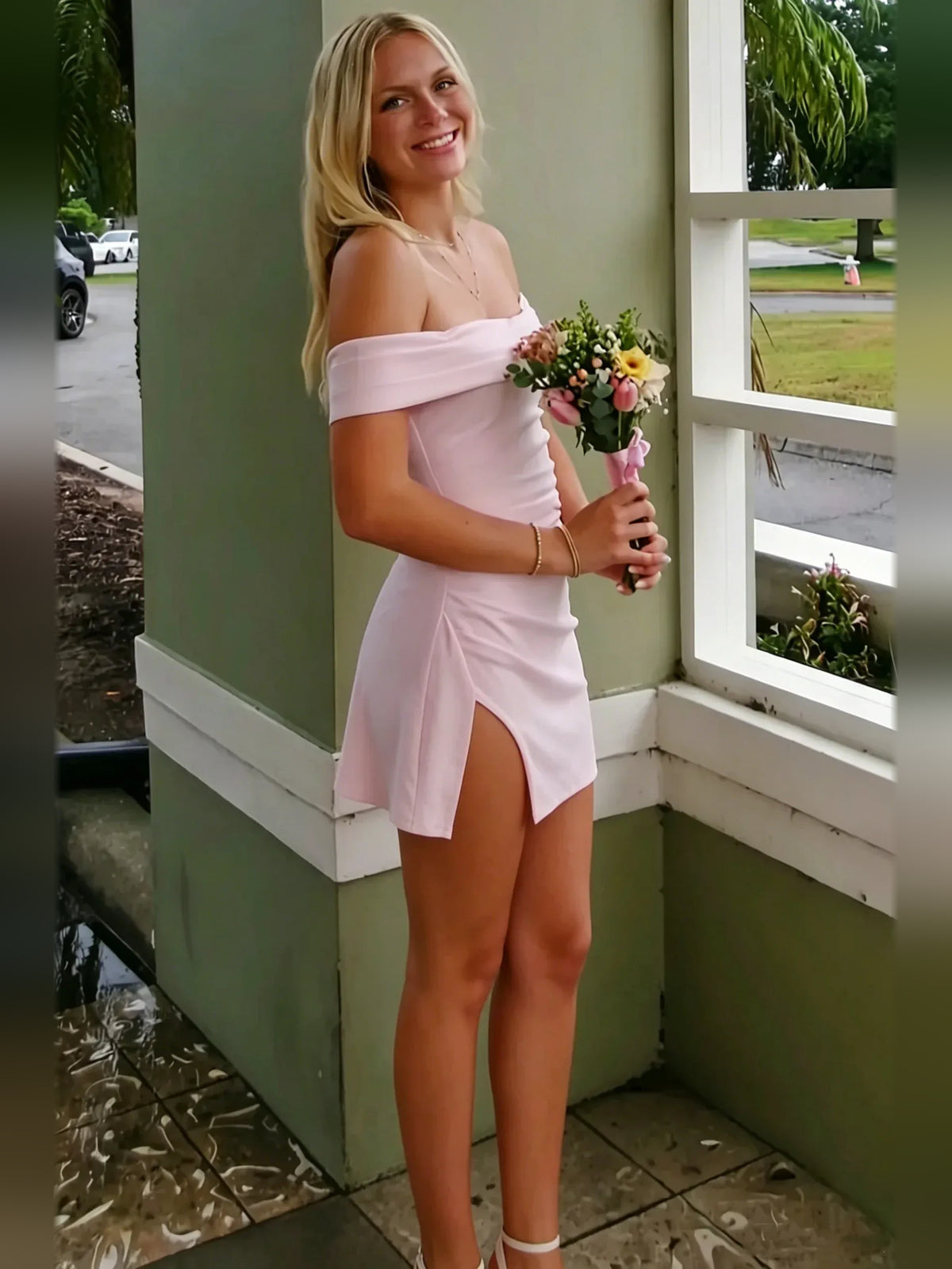 Pink mini homecoming dress, alternate view showing the dress shape and hem