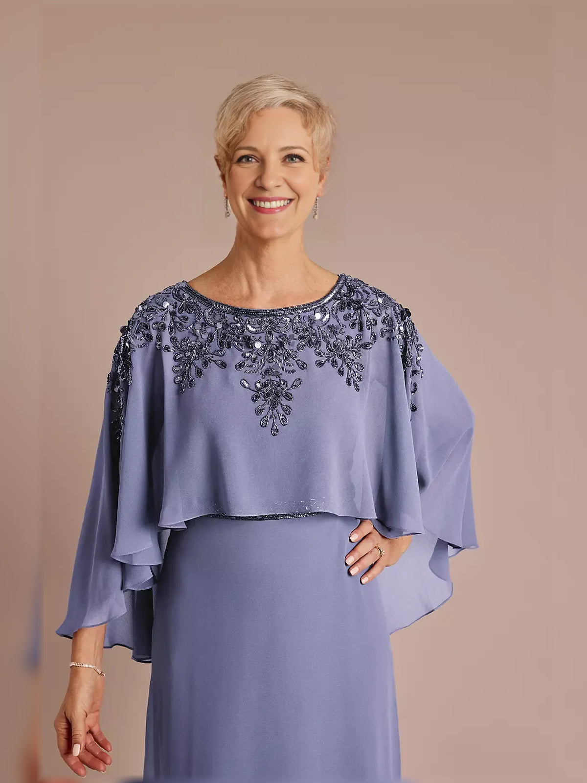 Periwinkle floor-length mother of the bride dress, alternate view showing the dress shape and hem