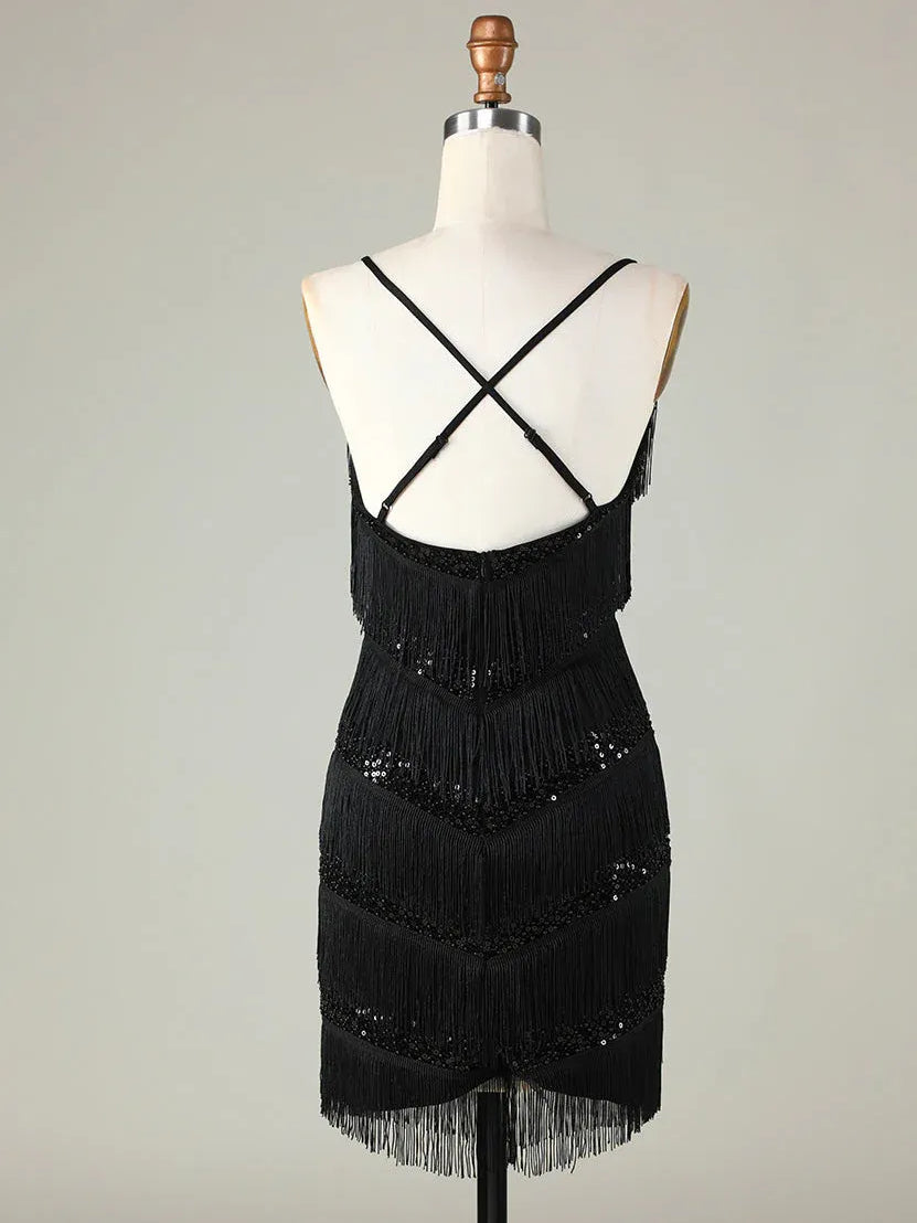 Black mini homecoming dress, alternate view showing the dress shape and hem