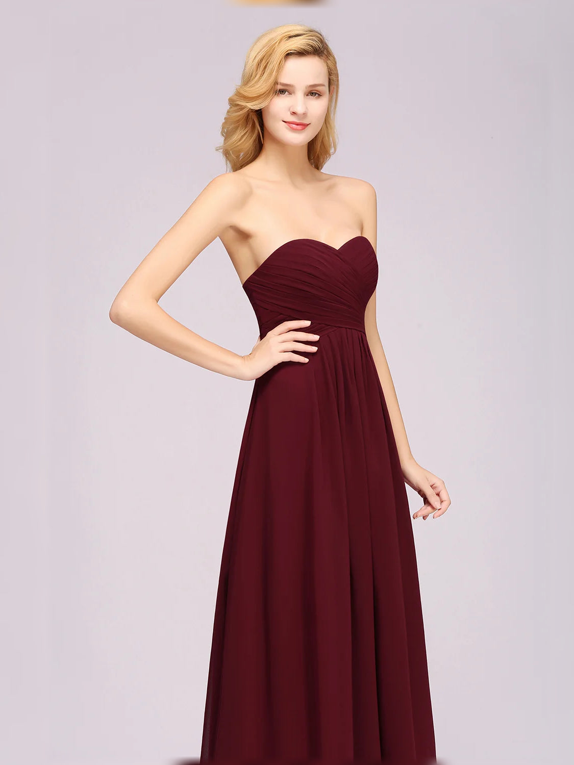 Burgundy floor-length bridesmaid dress, alternate view showing the dress shape and hem