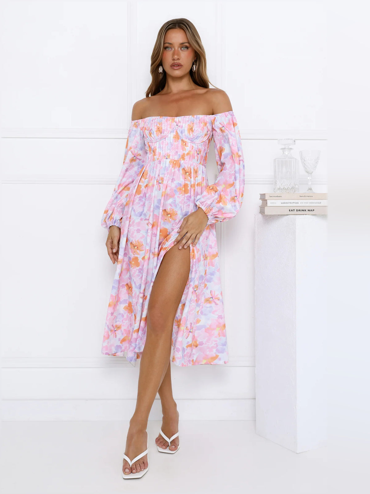 Multi midi formal dress with floral print, alternate view showing the bodice