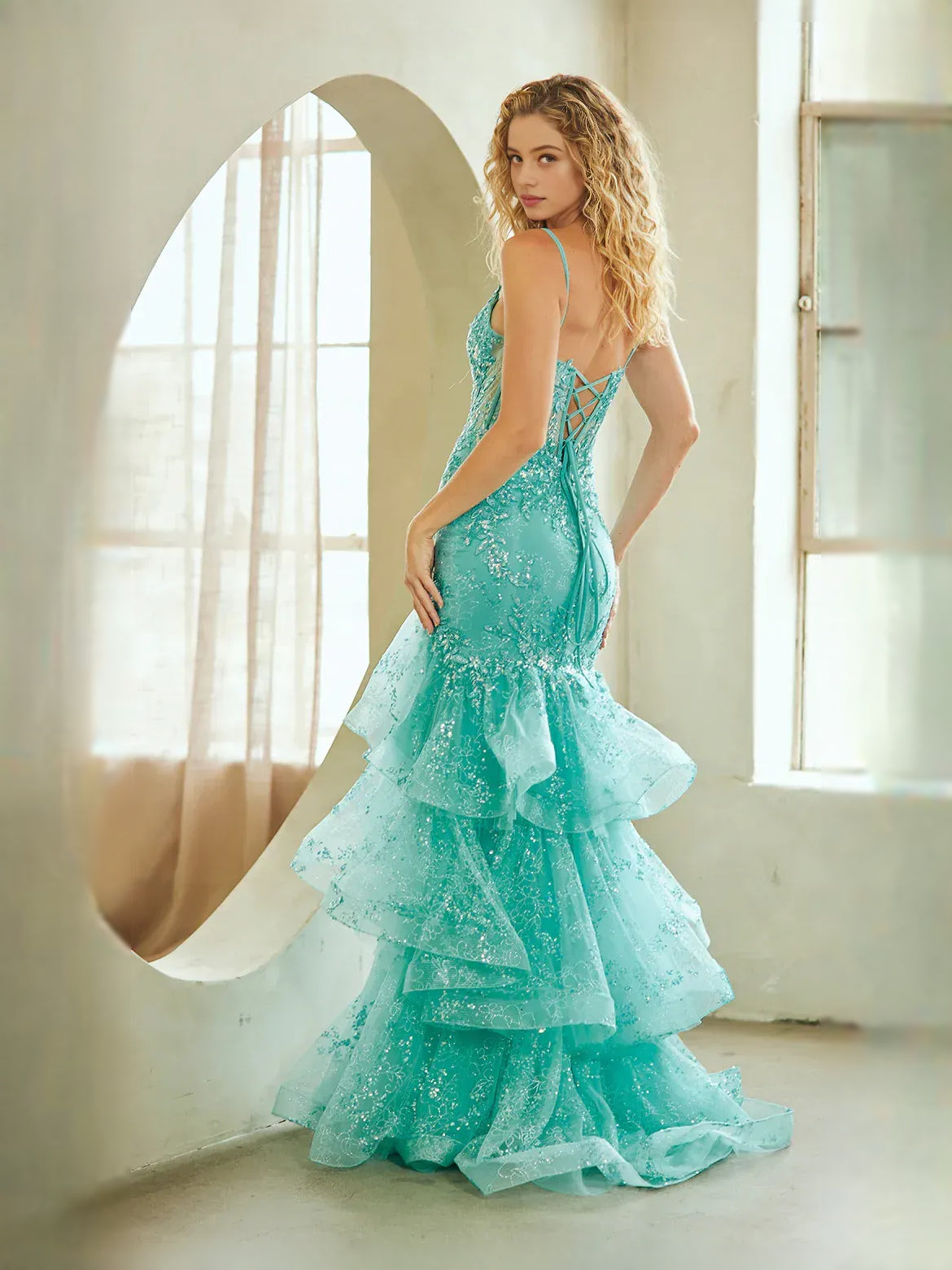 Turquoise floor-length prom dress, alternate view showing the dress shape and hem