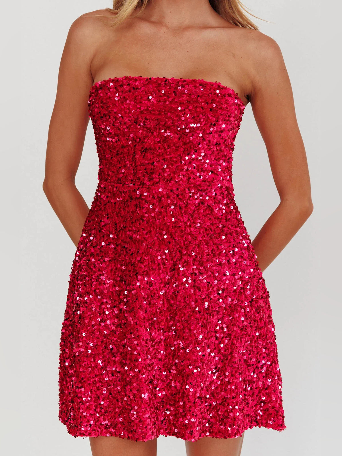 Red mini homecoming dress, alternate view showing the dress shape and hem