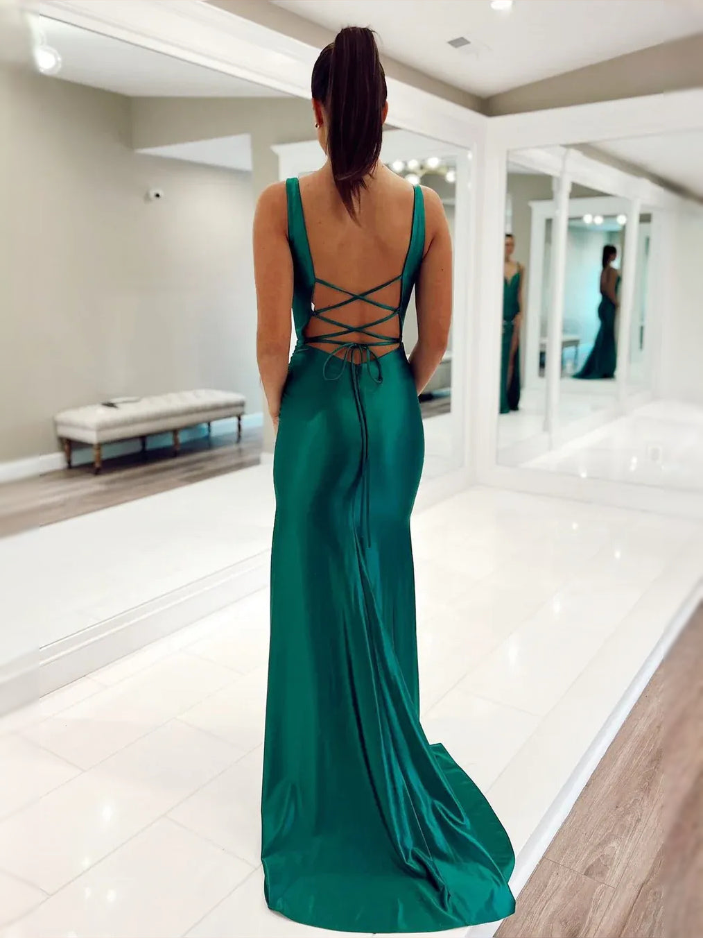Emerald Green maxi prom dress, alternate view showing the dress shape and hem