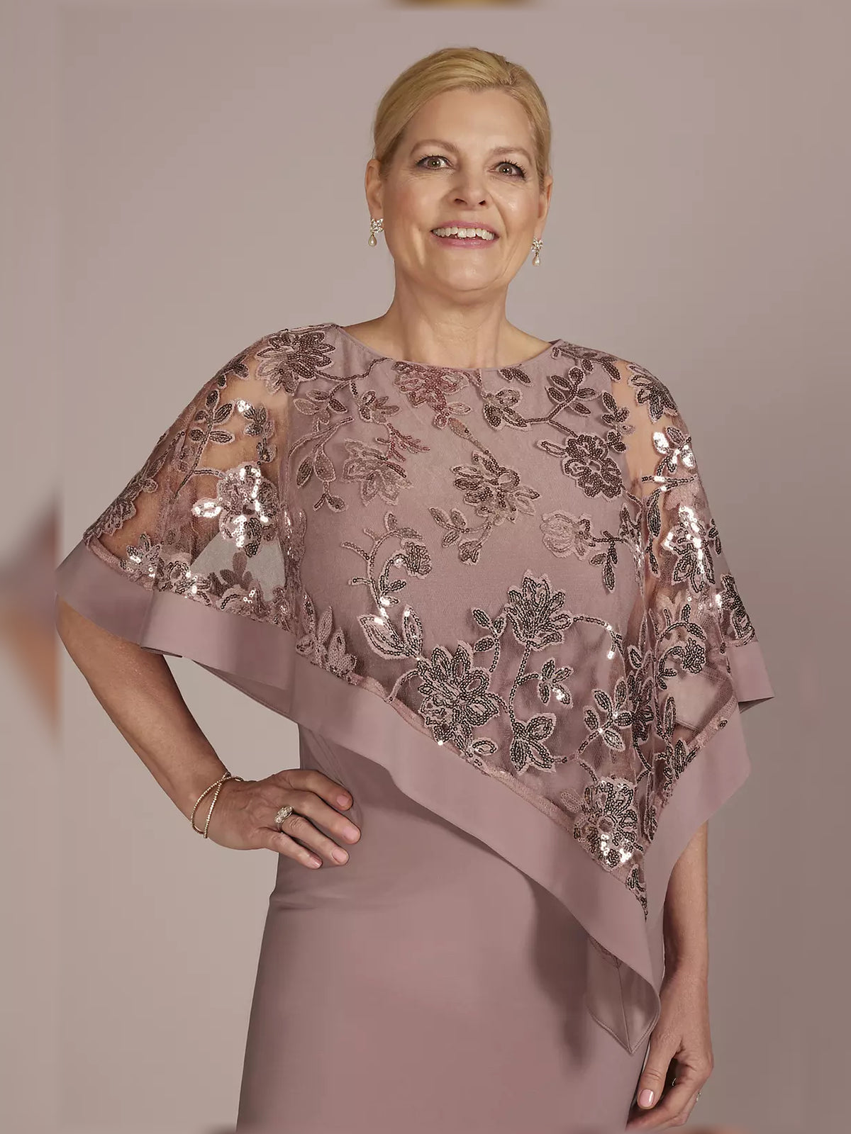 Mauve knee-length mother of the bride dress, alternate view showing the dress shape and hem