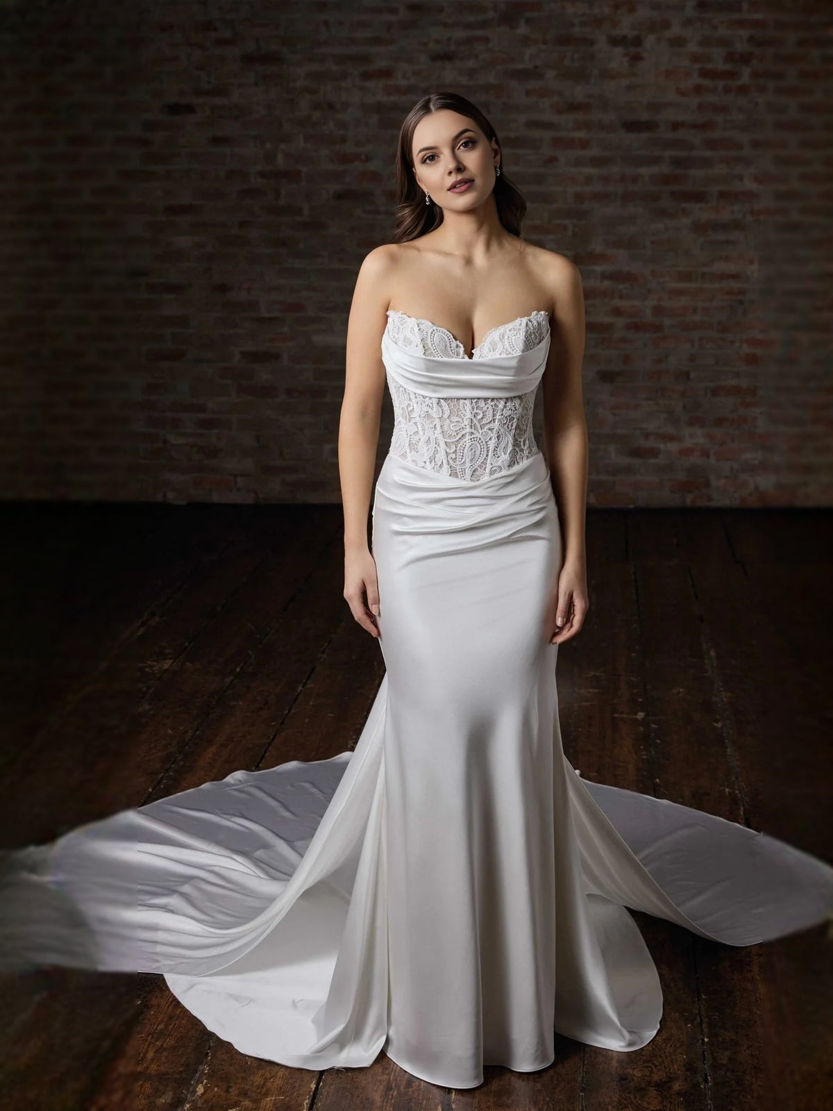 White floor-length wedding dress, alternate view showing the dress shape and hem