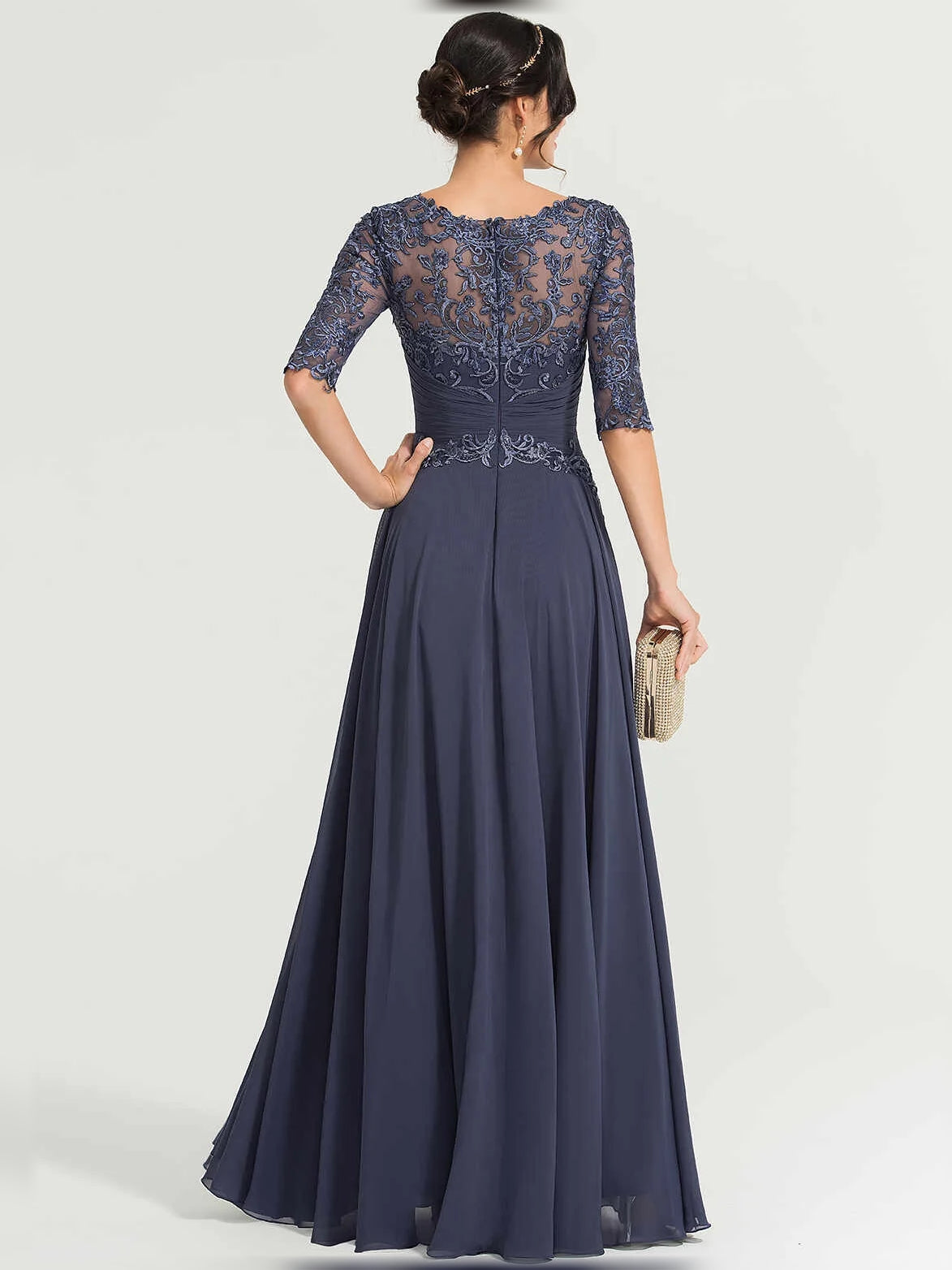 Dark Navy maxi mother of the bride dress, alternate view showing the dress shape and hem