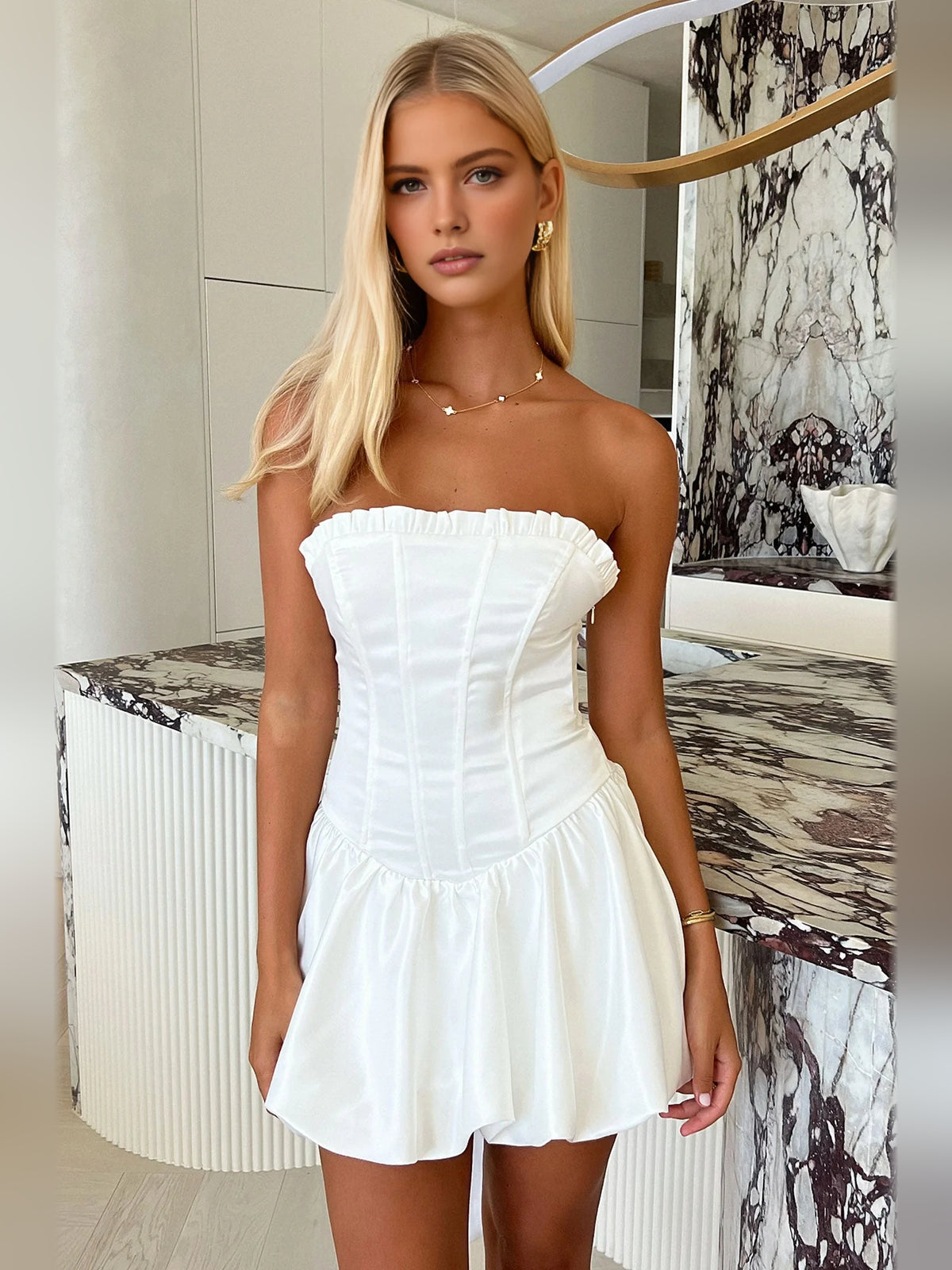 Ivory white mini homecoming dress, alternate view showing the dress shape and hem