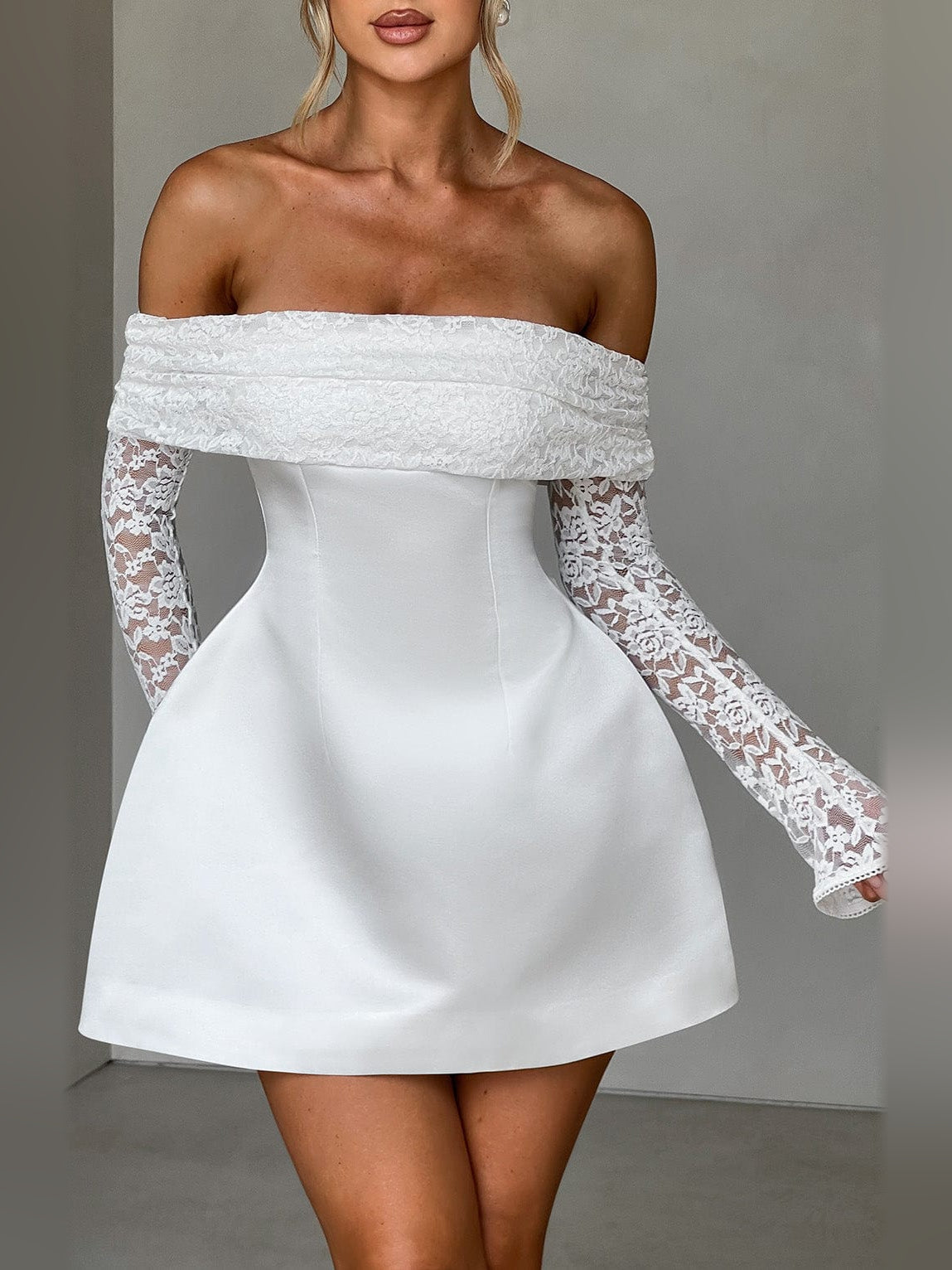 Ivory mini homecoming dress, alternate view showing the dress shape and hem
