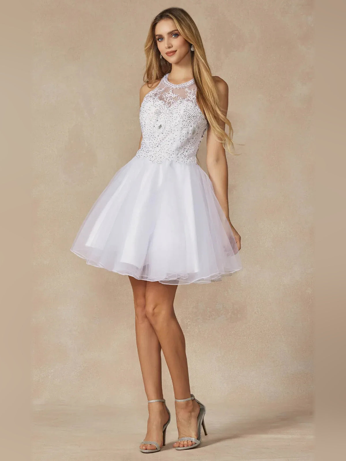 White short homecoming dress, alternate view showing the dress shape and hem